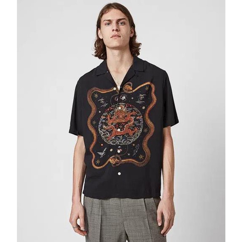 Allsaints Men's Psychedelic Shirt Size L In Jet Black